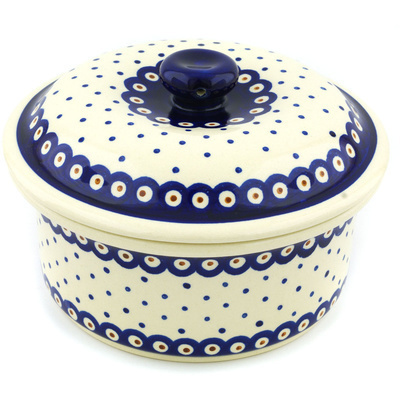 Polish Pottery Dish with Cover 8&quot; Peacock Dots