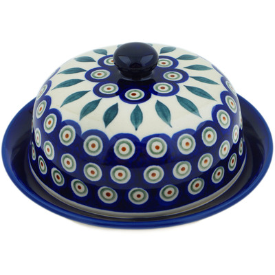 Polish Pottery Dish with Cover 8&quot; Peacock Leaves