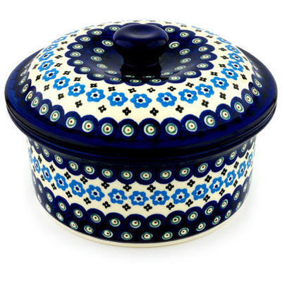 Polish Pottery Dish with Cover 8&quot; Peacock Poppy Chain