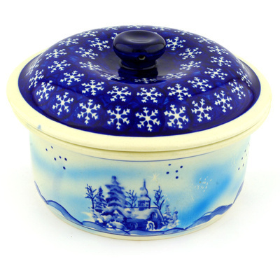 Polish Pottery Dish with Cover 8&quot; Winter Chapel