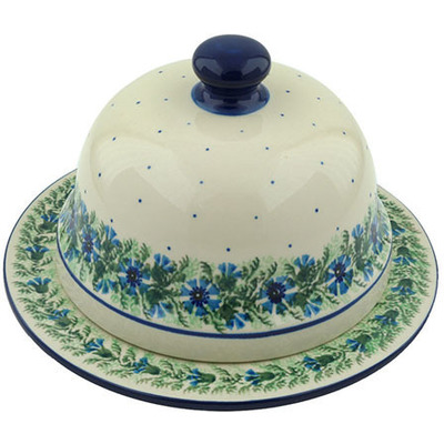 Polish Pottery Dish with Cover 9" Blue Bell Wreath