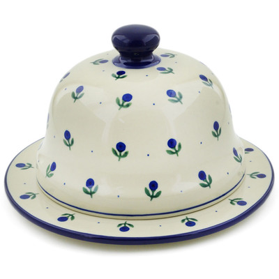 Polish Pottery Dish with Cover 9" Blue Buds
