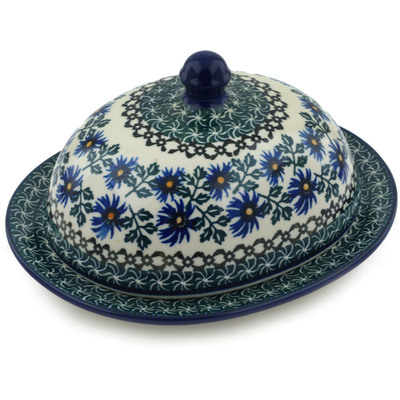 Polish Pottery Dish with Cover 9&quot; Blue Chicory
