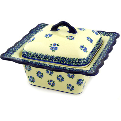 Polish Pottery Dish with Cover 9&quot; Forget Me Not Dots