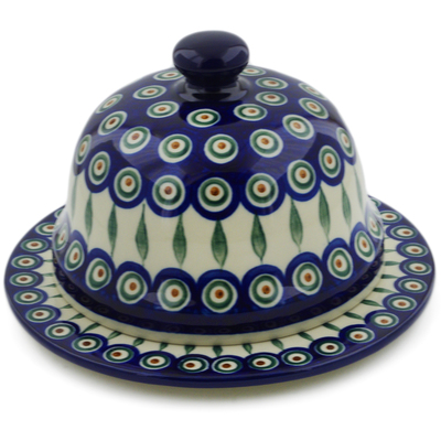 Polish Pottery Dish with Cover 9&quot; Peacock Leaves