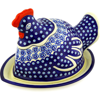 Polish Pottery Dish with Hen Cover 14&quot; Aloha Blue