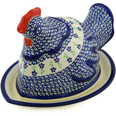 Polish Pottery Dish with Hen Cover 14" Blue Daisy Dance