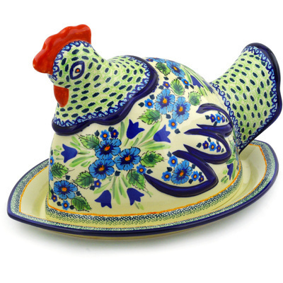 Polish Pottery Dish with Hen Cover 14&quot; Evangeline UNIKAT