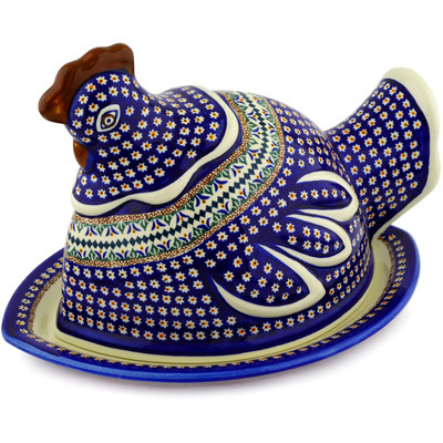 Polish Pottery Dish with Hen Cover 14&quot; Floral Peacock UNIKAT
