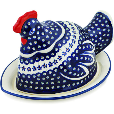 Polish Pottery Dish with Hen Cover 14&quot; Flowering Peacock