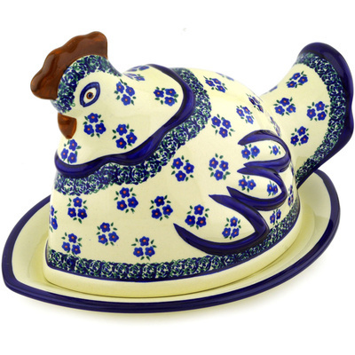 Polish Pottery Dish with Hen Cover 14&quot; Forget Me Not Dots