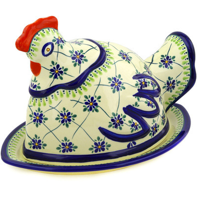 Polish Pottery Dish with Hen Cover 14&quot; Gingham Trellis