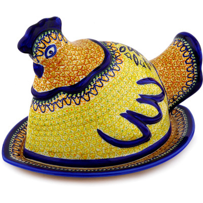 Polish Pottery Dish with Hen Cover 14&quot; Golden Tulip UNIKAT