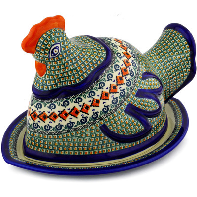 Polish Pottery Dish with Hen Cover 14&quot; Green Mosaic UNIKAT