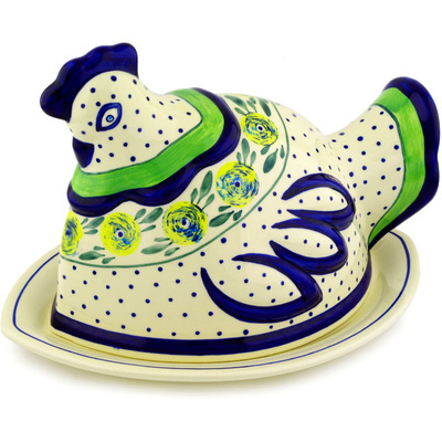 Polish Pottery Dish with Hen Cover 14&quot; Limon Swirl