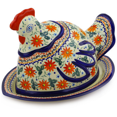 Polish Pottery Dish with Hen Cover 14&quot; Mexican Flame UNIKAT