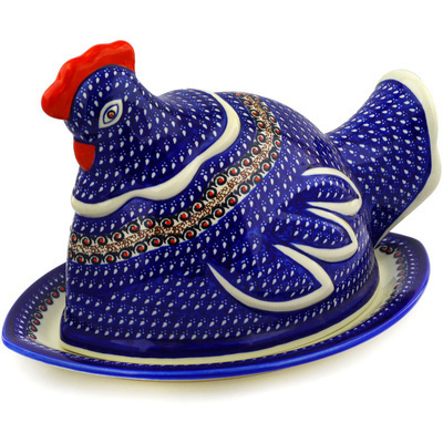 Polish Pottery Dish with Hen Cover 14&quot; Midnight Ocean