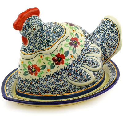 Polish Pottery Dish with Hen Cover 14&quot; Nightingale Flower