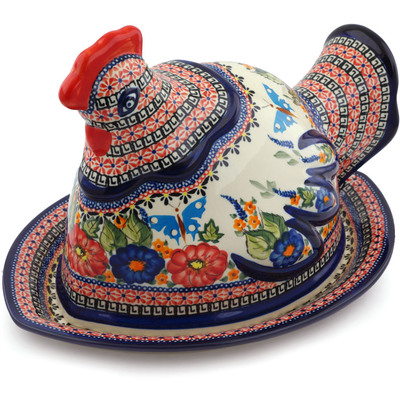 Polish Pottery Dish with Hen Cover 14&quot; Spring Splendor UNIKAT