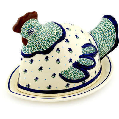 Polish Pottery Dish with Hen Cover 14&quot; Violet Tulips