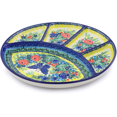Polish Pottery Divided Dish 10&quot; Blue Butterfly Meadow UNIKAT