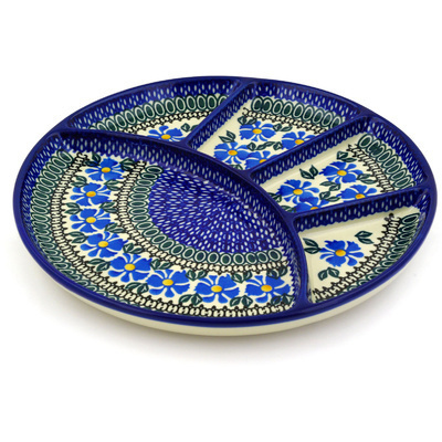 Polish Pottery Divided Dish 10&quot; Blue Morning Glory