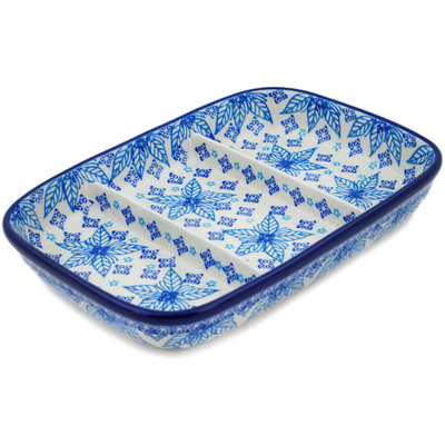 Polish Pottery Divided Dish 10&quot; Blue Poinsettia UNIKAT
