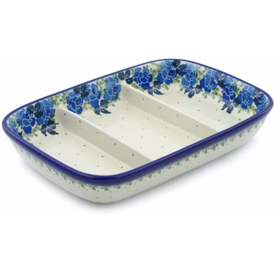 Polish Pottery Divided Dish 10" Blue Rose