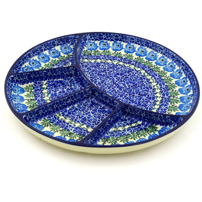 Polish Pottery Divided Dish 10&quot; Blue Rosette Wreath