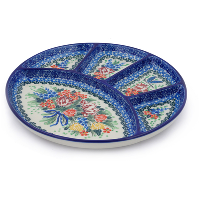 Polish Pottery Divided Dish 10&quot; Dragonfly Bouquet UNIKAT