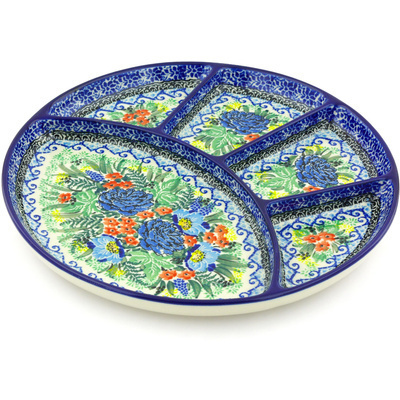 Polish Pottery Divided Dish 10&quot; Joyful Blue UNIKAT