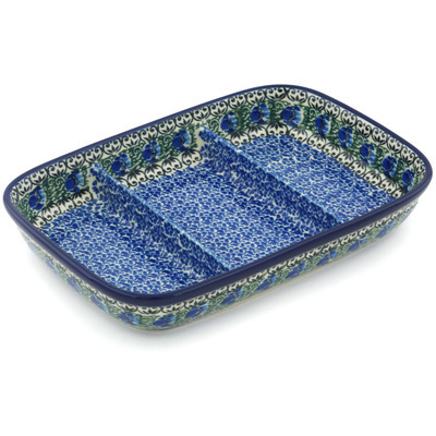 Polish Pottery Divided Dish 10&quot; Peacock Feather