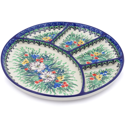Polish Pottery Divided Dish 10&quot; White Lily Meadow UNIKAT