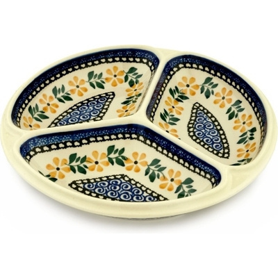 Polish Pottery Divided Dish 10&quot; Yellow Daisy Swirls