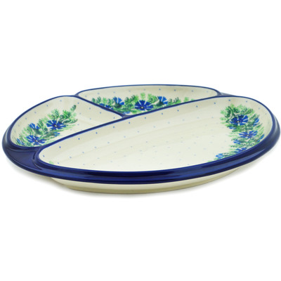 Polish Pottery Divided Dish 11&quot; Blue Bell Wreath