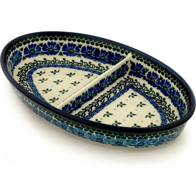 Polish Pottery Divided Dish 11&quot; Blue Poppy Chain
