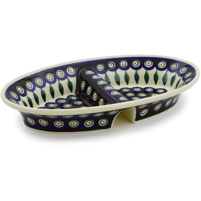 Polish Pottery Divided Dish 11&quot; Peacock Leaves