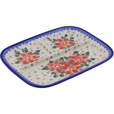 Polish Pottery Divided Dish 11&quot; Snow Coral Zinnias UNIKAT