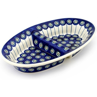 Polish Pottery Divided Dish 11&quot; Traditional Peacock