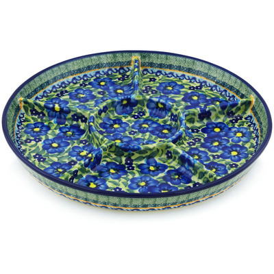 Polish Pottery Divided Dish 12&quot; Blue Poppy Patch UNIKAT