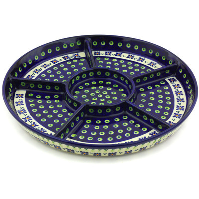 Polish Pottery Divided Dish 12&quot; Green Gingham Peacock