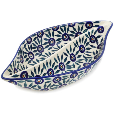 Polish Pottery Divided Dish 12&quot; Peacock Train UNIKAT