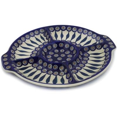 Polish Pottery Divided Dish 14&quot; Peacock Leaves
