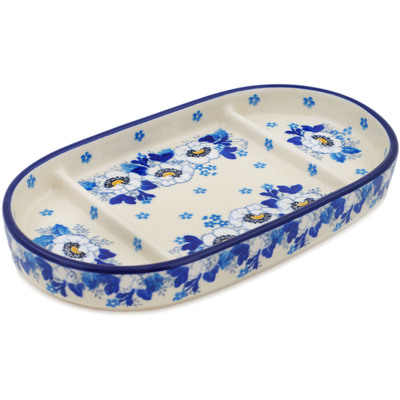 Polish Pottery Divided Dish 8&quot; Blue Spring