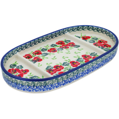 Polish Pottery Divided Dish 8&quot; Delicate Red Flowers