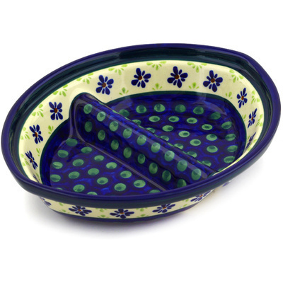Polish Pottery Divided Dish 8&quot; Green Gingham Peacock