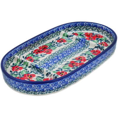 Polish Pottery Divided Dish 8&quot; Red Pansy