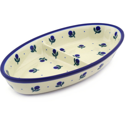Polish Pottery Divided Dish 9" Blue Buds
