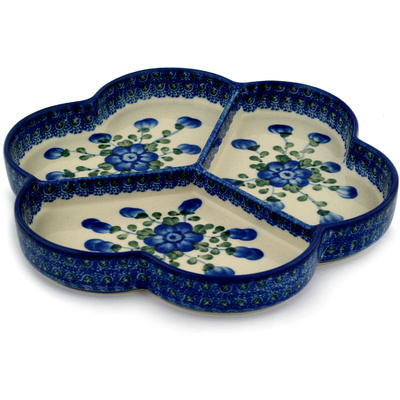 Polish Pottery Divided Dish 9&quot; Blue Poppies