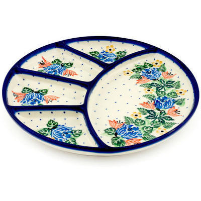 Polish Pottery Divided Dish 9&quot; Dotted Floral Wreath UNIKAT